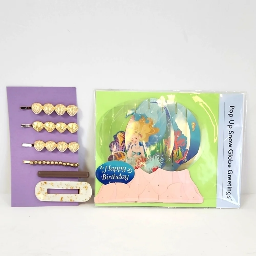 Greetings Birthday Card + 6x Ornate Hair Clips Pop-Up Snow Globe, NWOT.